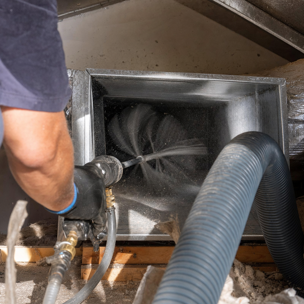 Technician using a rotating brush for professional air duct cleaning service