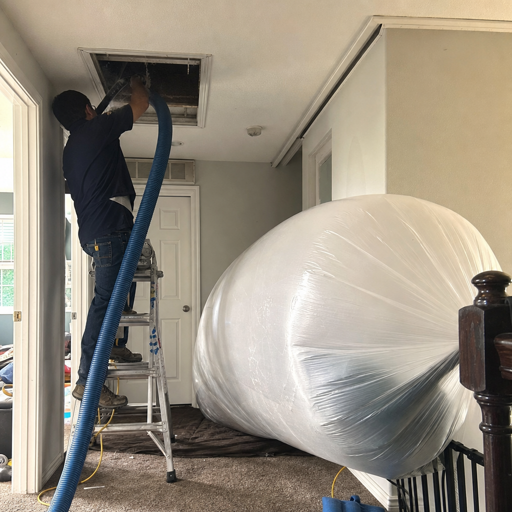 Technician performing professional residential air duct cleaning service with vacuum equipment