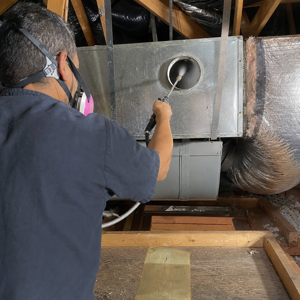 Technician performing professional air duct sanitizing and indoor air quality treatment