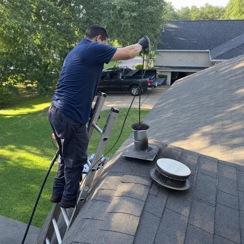 Technician performing professional dryer vent cleaning from a roof ladder