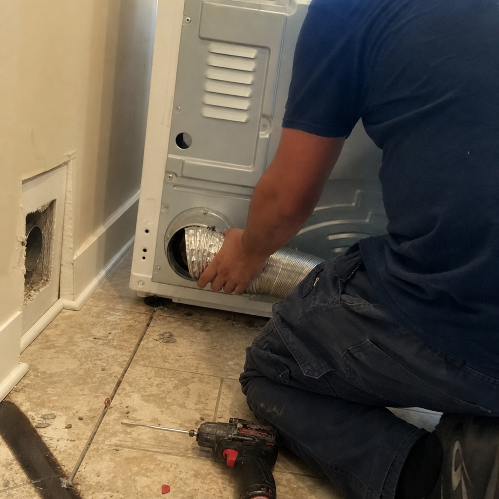 Technician connecting a flexible dryer vent hose to a dryer unit