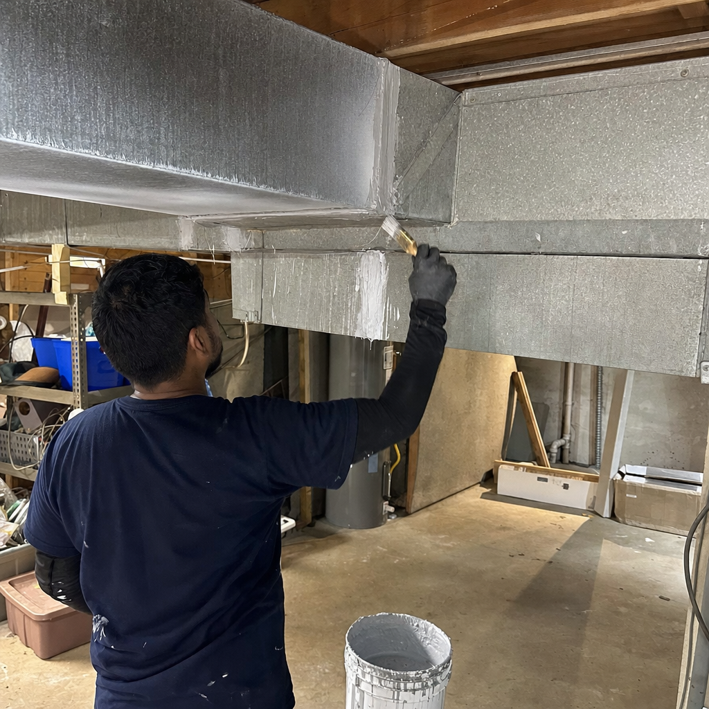 HVAC technician applying mastic sealant to residential air duct seams