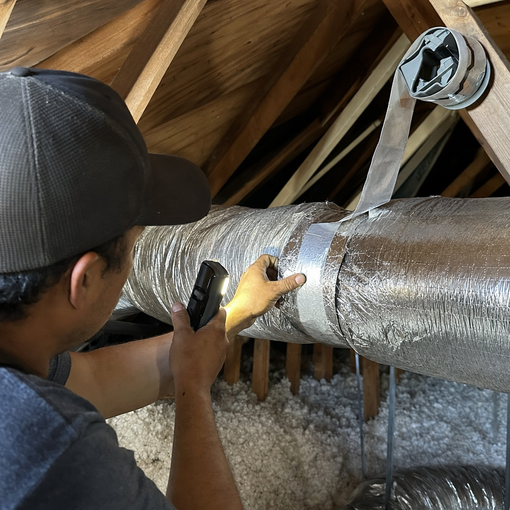 Technician performing professional HVAC duct repair and sealing in an attic