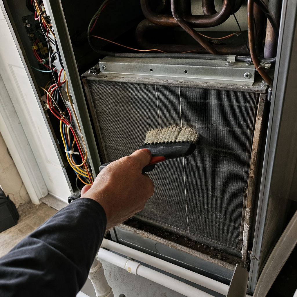 Technician cleaning HVAC evaporator coils with a brush for maintenance