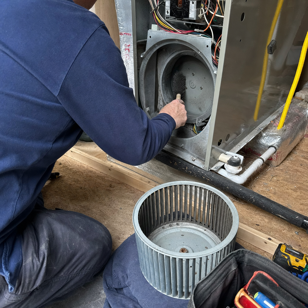 Technician performing professional HVAC system and furnace blower cleaning service