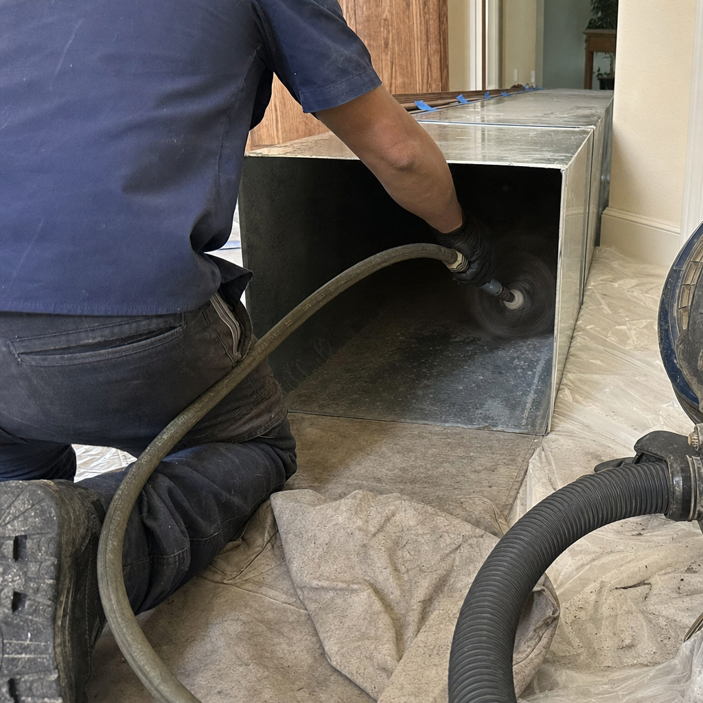 Technician using a rotating brush to perform professional air duct cleaning