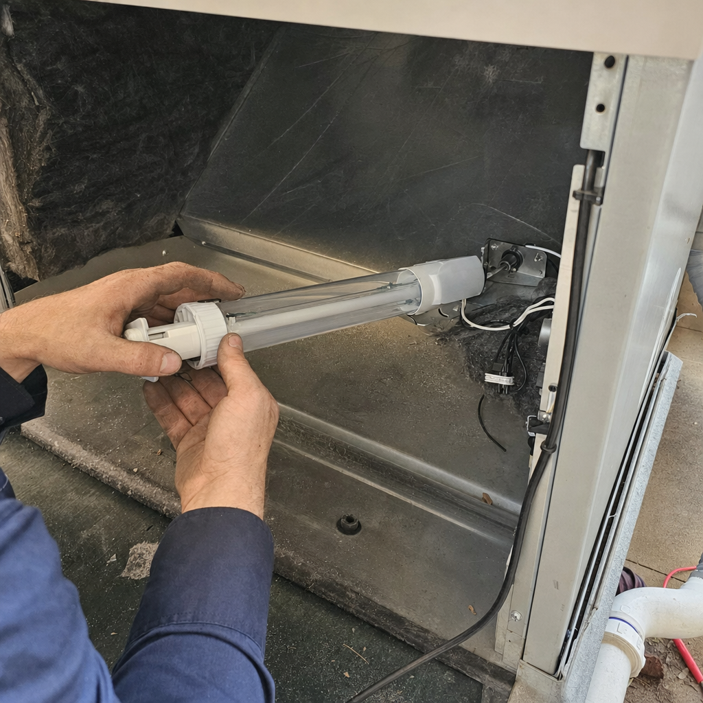 Technician installing HVAC UV germicidal light for air duct sanitizing in Texas, TX